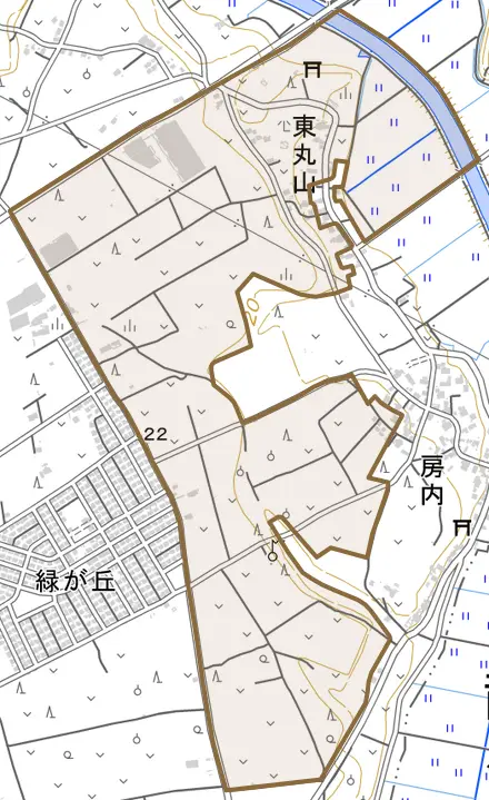 東丸山とその周辺の地図。町の範囲を重ねている