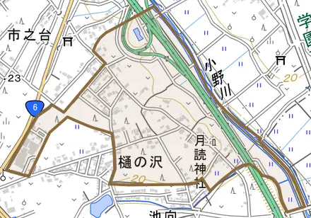樋の沢とその周辺の地図。町の範囲を重ねている