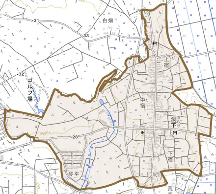 洞下とその周辺の地図。町の範囲を重ねている