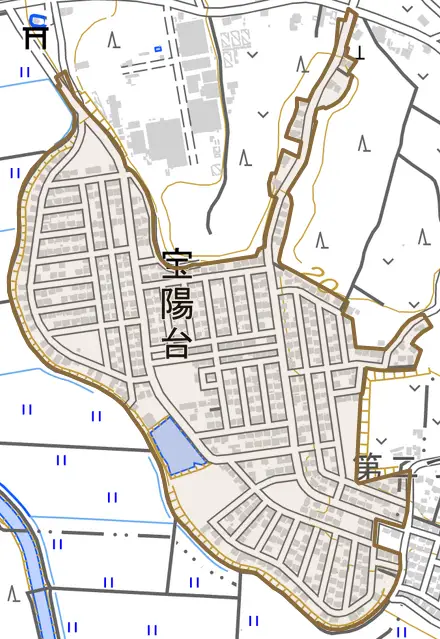 宝陽台とその周辺の地図。町の範囲を重ねている