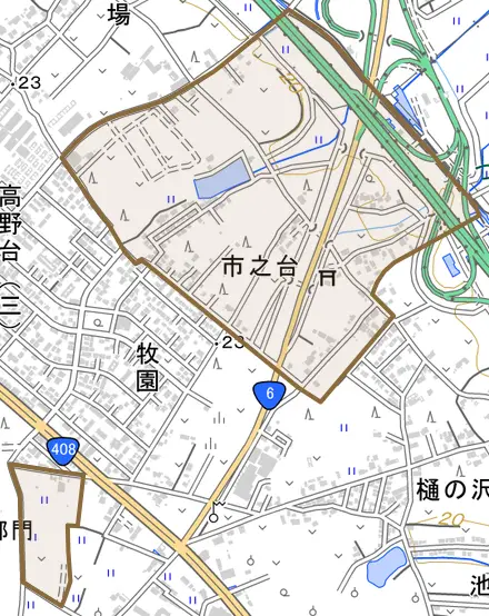 市之台とその周辺の地図。町の範囲を重ねている