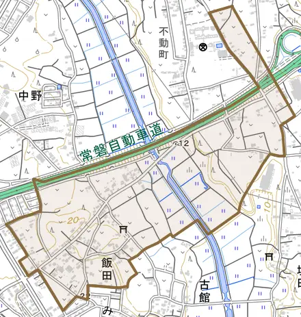 飯田とその周辺の地図。町の範囲を重ねている