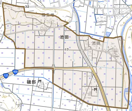 池田とその周辺の地図。町の範囲を重ねている