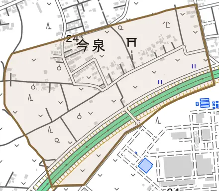 今泉とその周辺の地図。町の範囲を重ねている