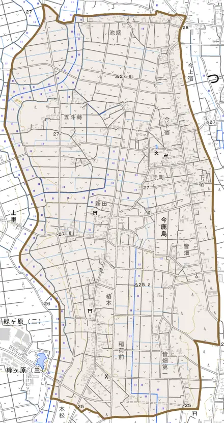 今鹿島とその周辺の地図。町の範囲を重ねている