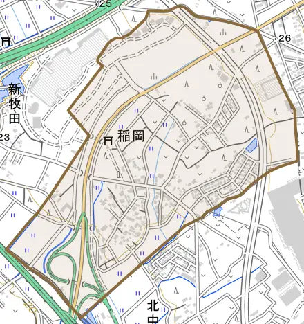 稲岡とその周辺の地図。町の範囲を重ねている
