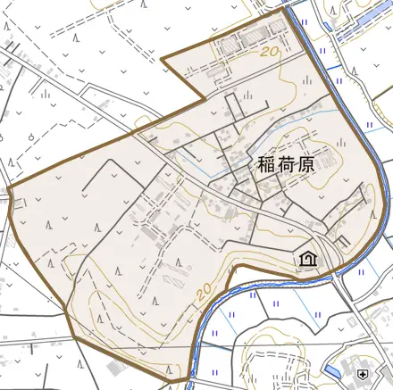 稲荷原とその周辺の地図。町の範囲を重ねている