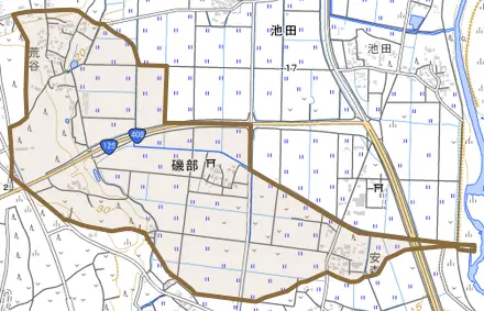 磯部とその周辺の地図。町の範囲を重ねている