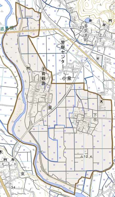 泉とその周辺の地図。町の範囲を重ねている