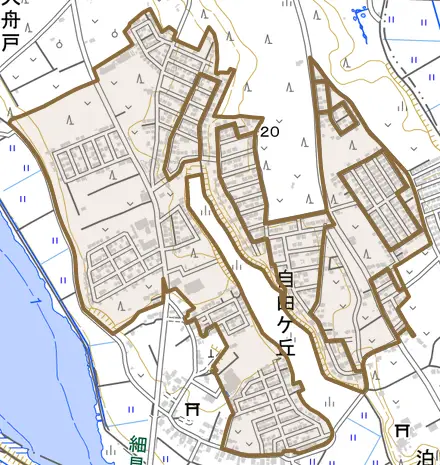 自由ケ丘とその周辺の地図。町の範囲を重ねている