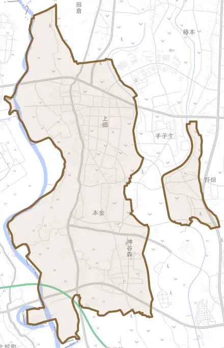 上郷とその周辺の地図。町の範囲を重ねている