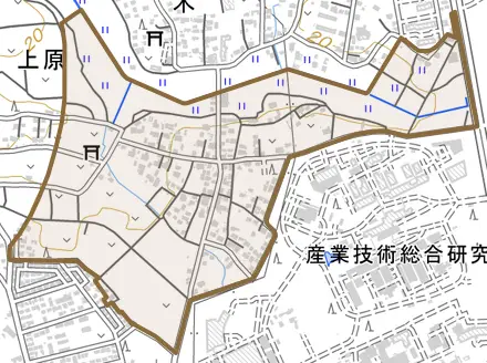 上原とその周辺の地図。町の範囲を重ねている