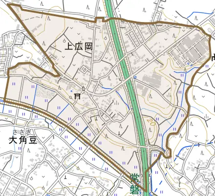 上広岡とその周辺の地図。町の範囲を重ねている