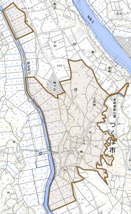 上岩崎とその周辺の地図。町の範囲を重ねている