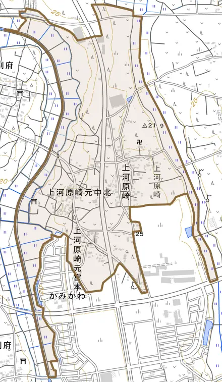 上河原崎とその周辺の地図。町の範囲を重ねている