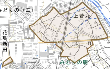 上萱丸とその周辺の地図。町の範囲を重ねている