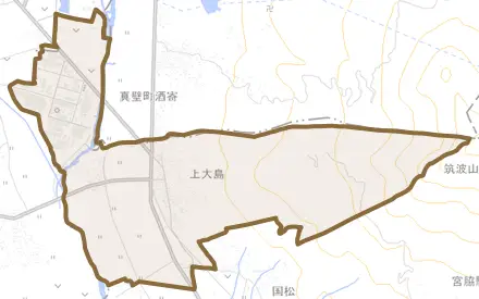 上大島とその周辺の地図。町の範囲を重ねている