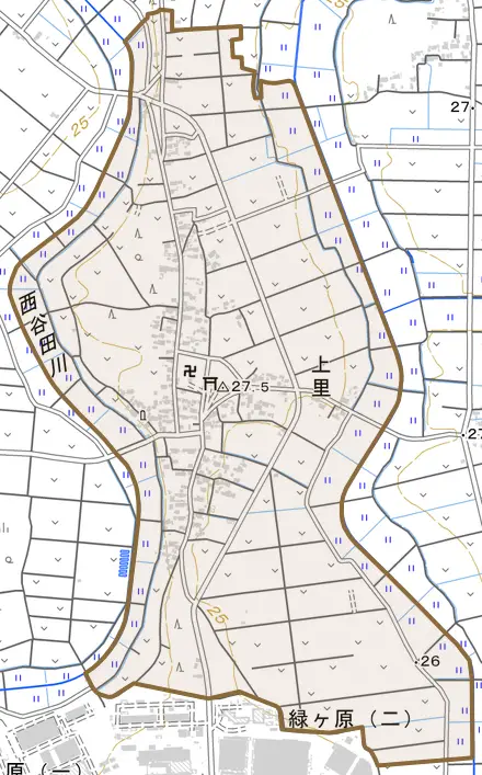 上里とその周辺の地図。町の範囲を重ねている