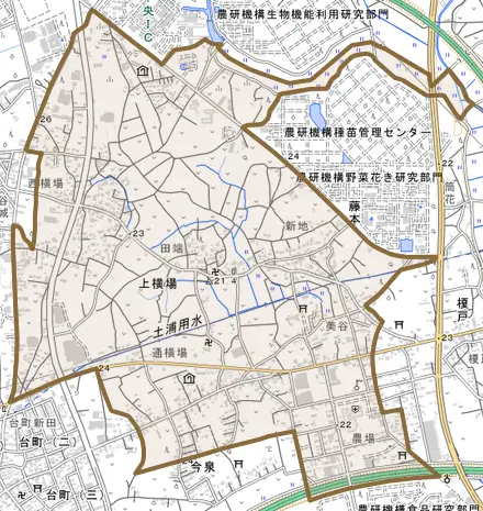 上横場とその周辺の地図。町の範囲を重ねている