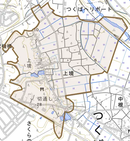 上境とその周辺の地図。町の範囲を重ねている