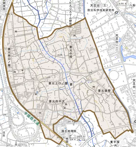 要とその周辺の地図。町の範囲を重ねている