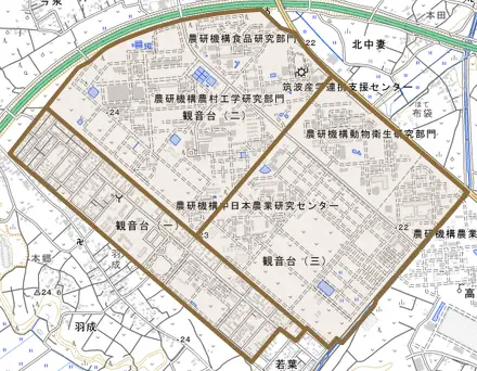 観音台とその周辺の地図。町の範囲を重ねている