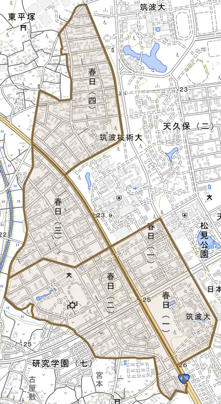 春日とその周辺の地図。町の範囲を重ねている