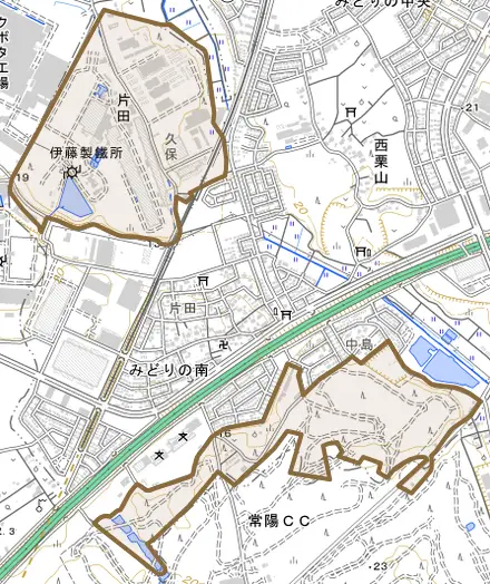 片田とその周辺の地図。町の範囲を重ねている