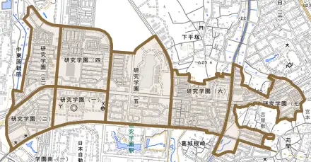 研究学園とその周辺の地図。町の範囲を重ねている