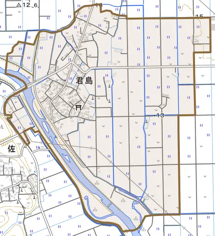 君島とその周辺の地図。町の範囲を重ねている