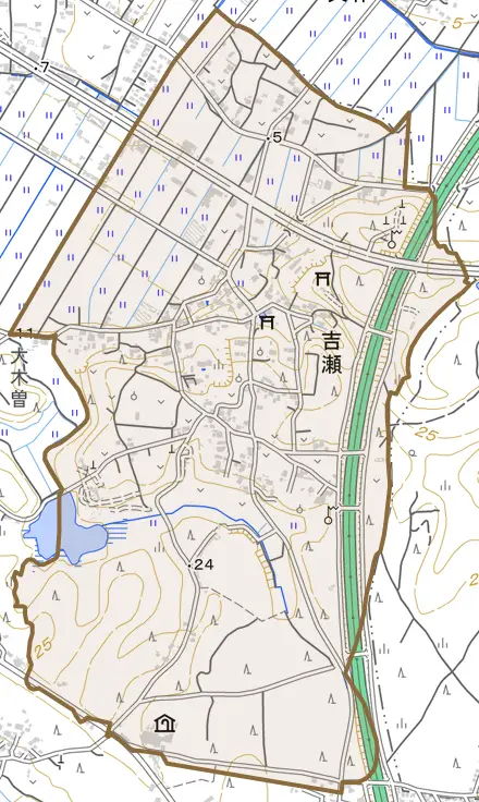 吉瀬とその周辺の地図。町の範囲を重ねている
