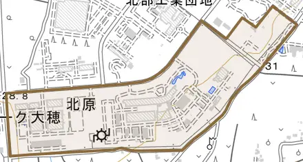 北原とその周辺の地図。町の範囲を重ねている