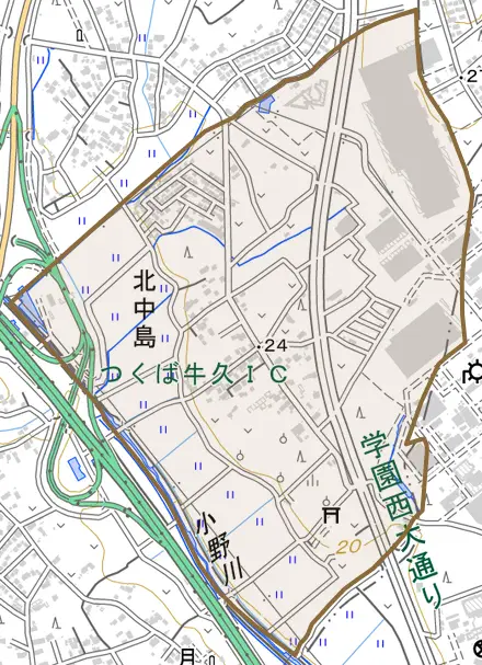 北中島とその周辺の地図。町の範囲を重ねている