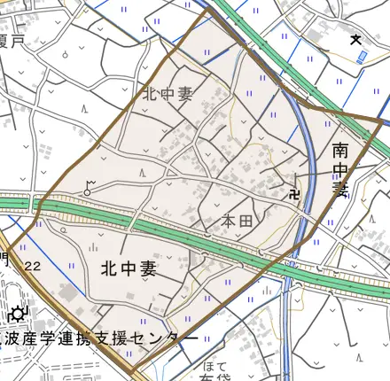 北中妻とその周辺の地図。町の範囲を重ねている