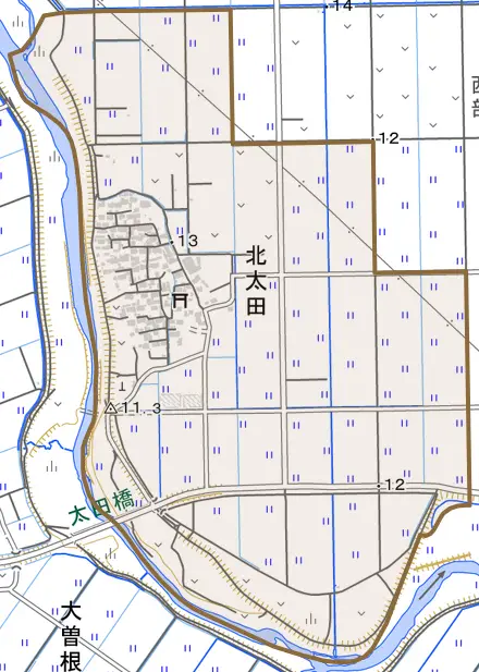 北太田とその周辺の地図。町の範囲を重ねている