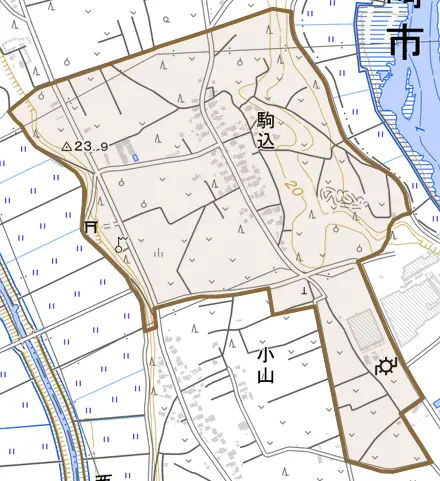 駒込とその周辺の地図。町の範囲を重ねている