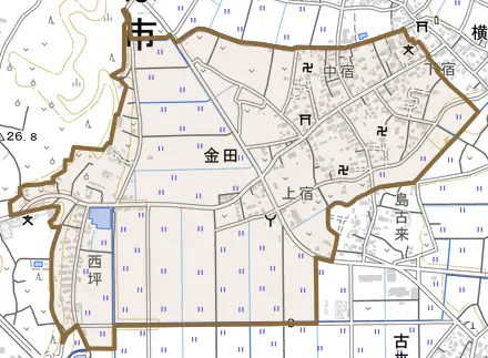 金田とその周辺の地図。町の範囲を重ねている