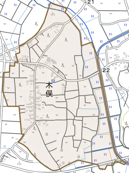 木俣とその周辺の地図。町の範囲を重ねている