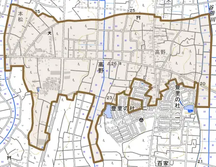 高野とその周辺の地図。町の範囲を重ねている