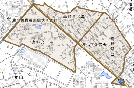 高野台とその周辺の地図。町の範囲を重ねている