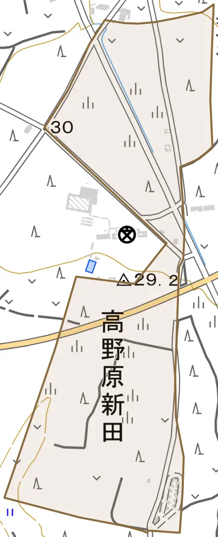 高野原新田とその周辺の地図。町の範囲を重ねている