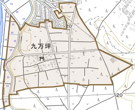 九万坪とその周辺の地図。町の範囲を重ねている