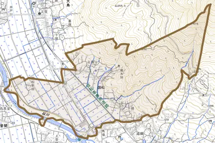 国松とその周辺の地図。町の範囲を重ねている