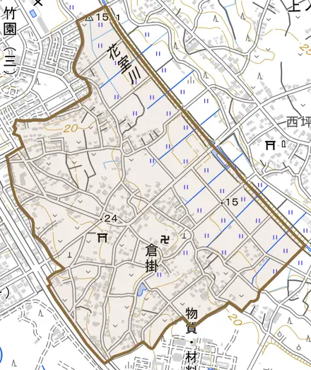 倉掛とその周辺の地図。町の範囲を重ねている