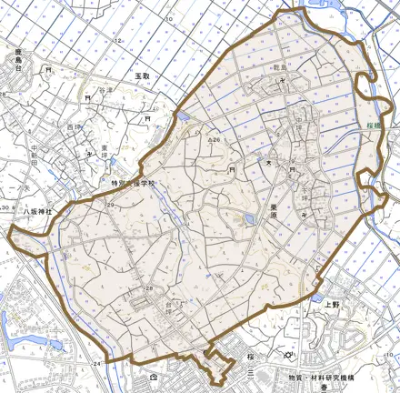 栗原とその周辺の地図。町の範囲を重ねている