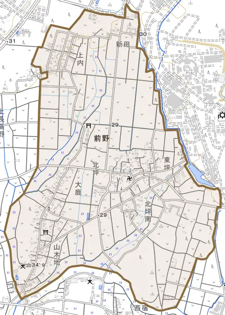 前野とその周辺の地図。町の範囲を重ねている