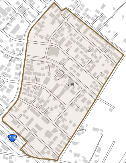 牧園とその周辺の地図。町の範囲を重ねている