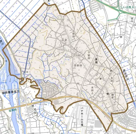 真瀬とその周辺の地図。町の範囲を重ねている