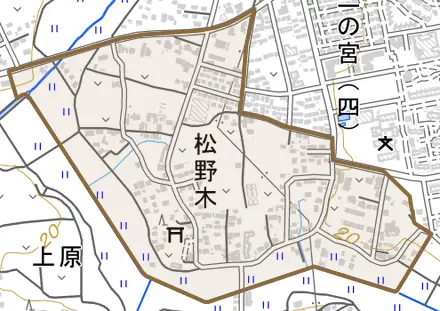 松野木とその周辺の地図。町の範囲を重ねている