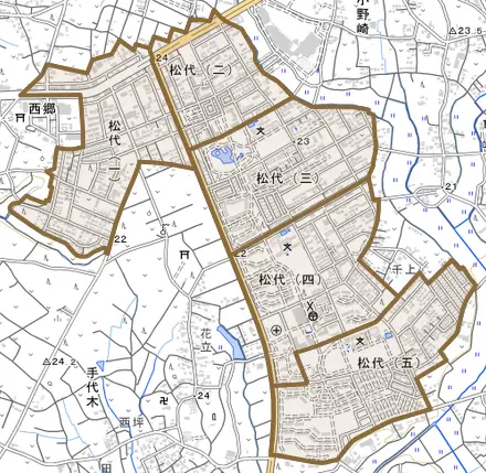 松代とその周辺の地図。町の範囲を重ねている